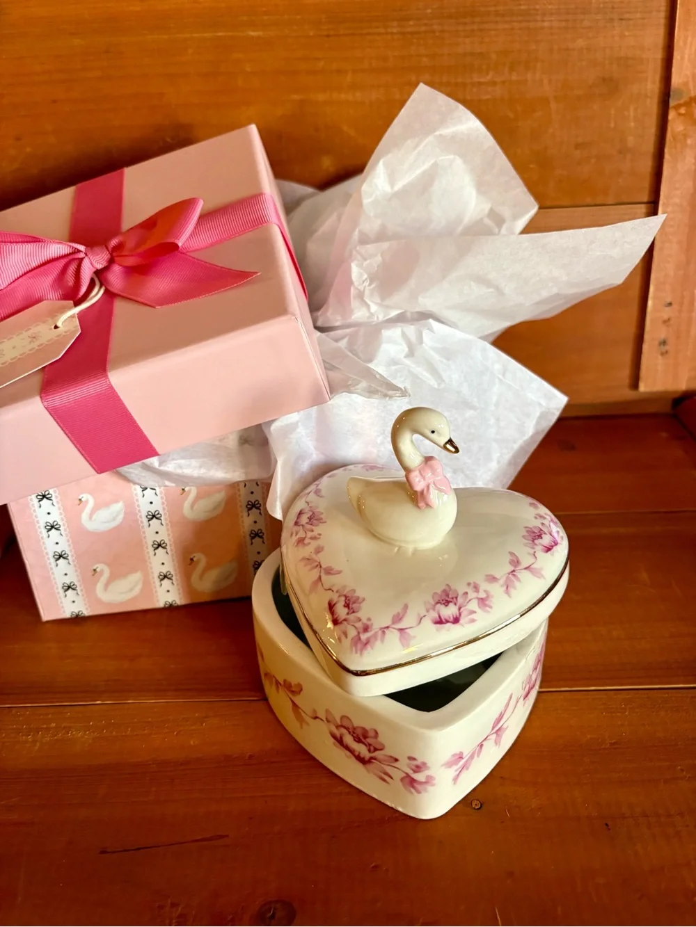 Porcelain Swan Heart Jewelry Trinket With Gift Box, Pink Floral Romantic Gift